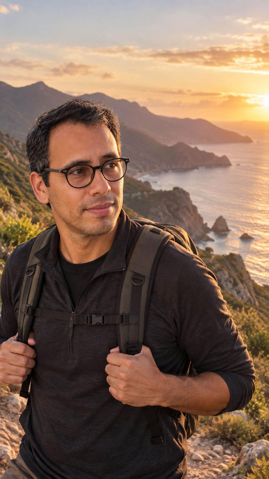 Raul hiking above a sunlit coastal landscape