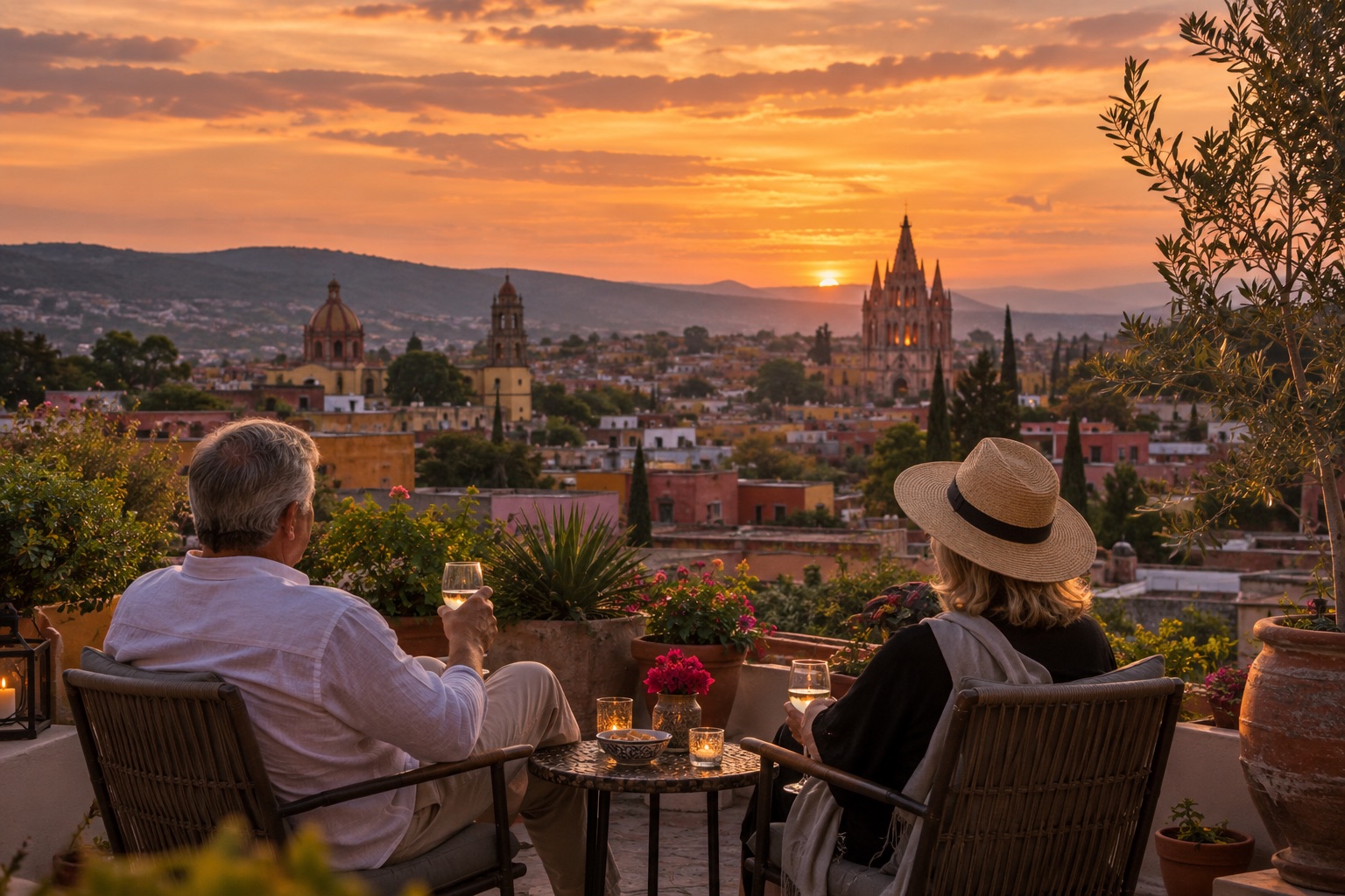 Mature couple watching sunset over San Miguel de Allende from a rooftop terrace