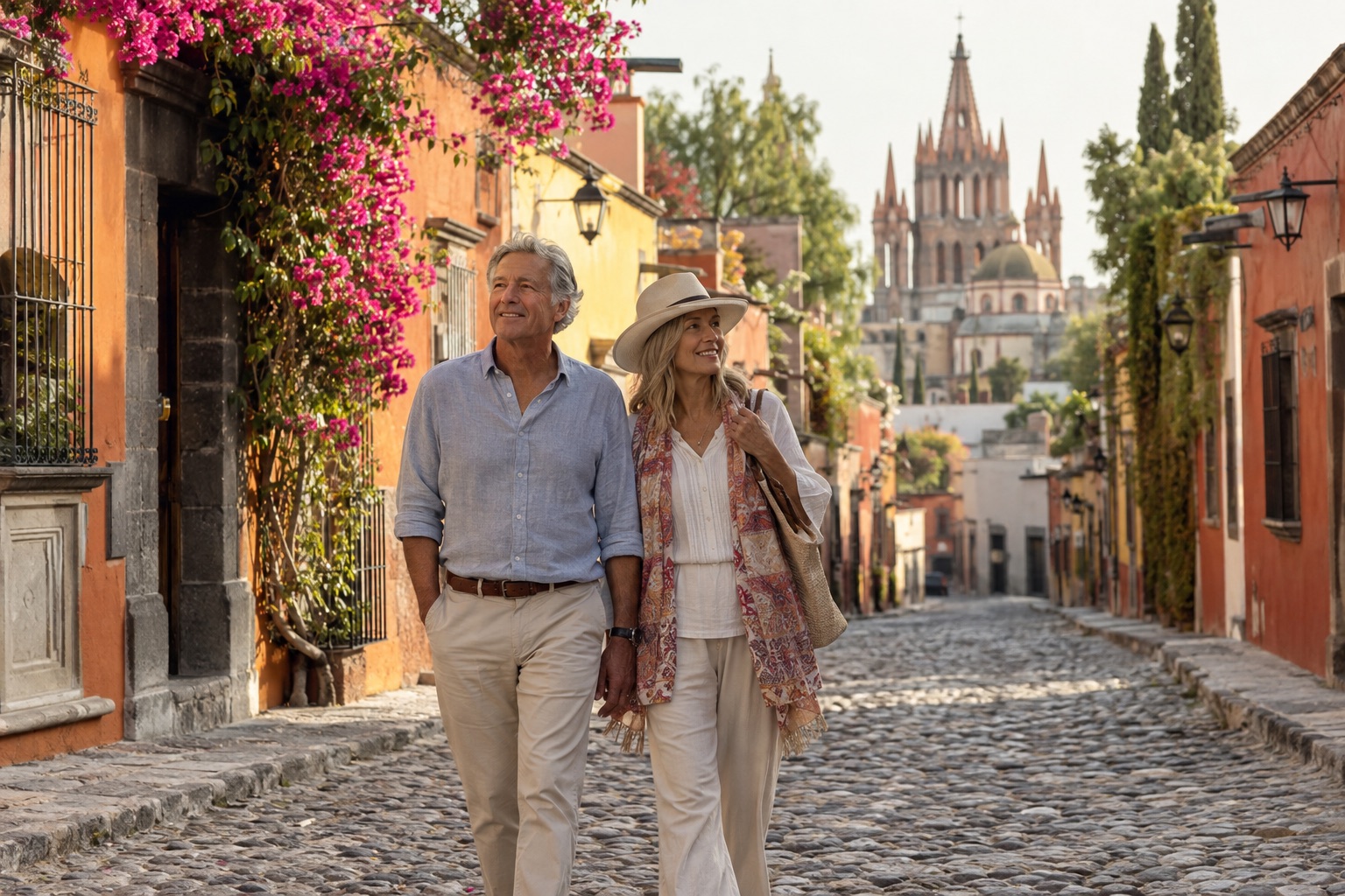 Mature couple walking along a sunlit cobblestone street in San Miguel de Allende